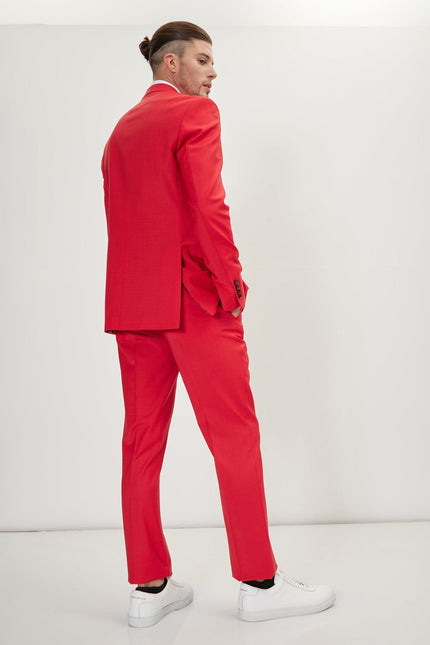 Men's Italian Super 120s Merino Wool Double-Breasted Suit - Valentine Red | Ron Tomson