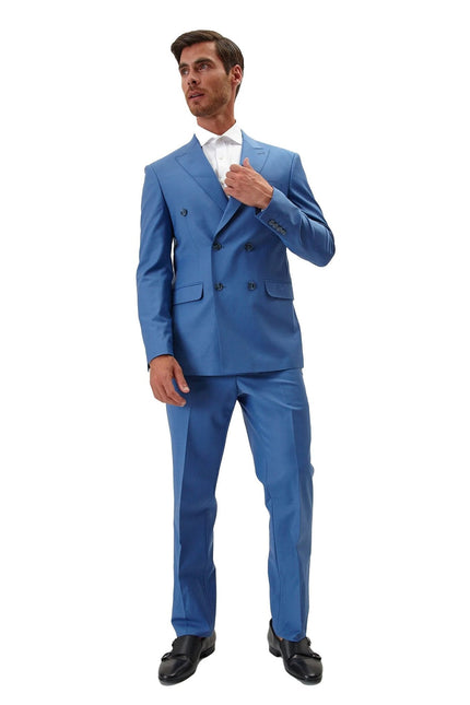 Men's Italian Super 120s Merino Wool Double-Breasted Suit - Provence Blue | Ron Tomson