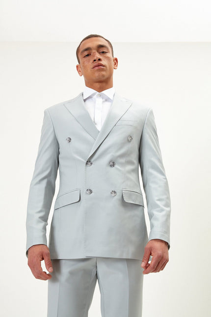 Men's Italian Super 120s Merino Wool Double-Breasted Suit - Sage Tint Grey | Ron Tomson