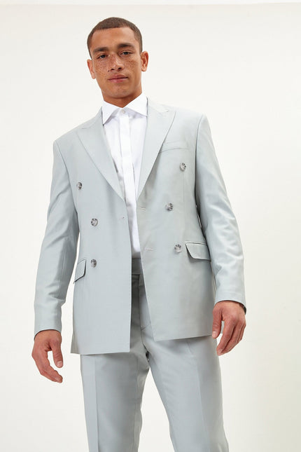 Men's Italian Super 120s Merino Wool Double-Breasted Suit - Sage Tint Grey | Ron Tomson