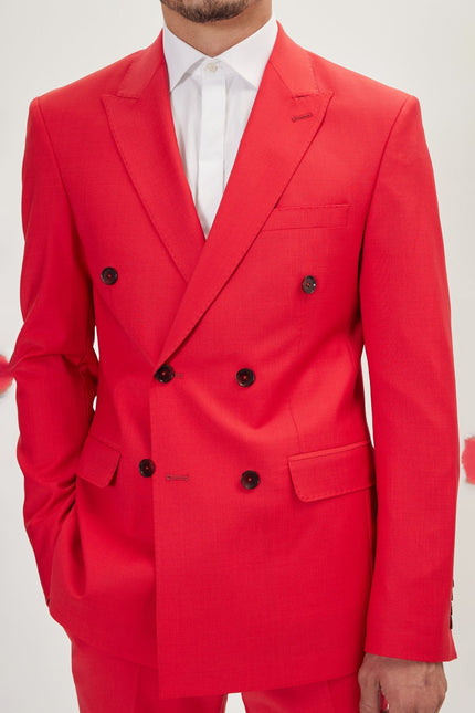 Men's Italian Super 120s Merino Wool Double-Breasted Suit - Valentine Red | Ron Tomson