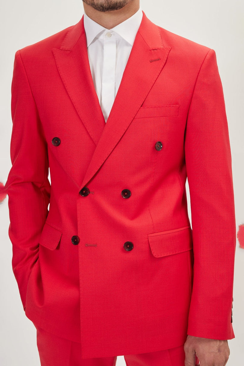 Men's Italian Super 120s Merino Wool Double-Breasted Suit - Valentine Red | Ron Tomson
