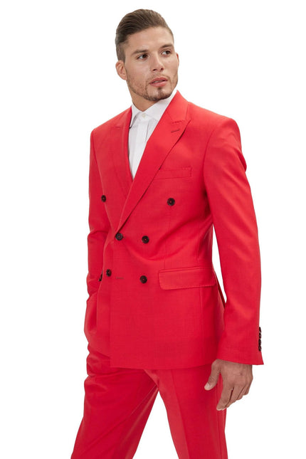 Men's Italian Super 120s Merino Wool Double-Breasted Suit - Valentine Red | Ron Tomson