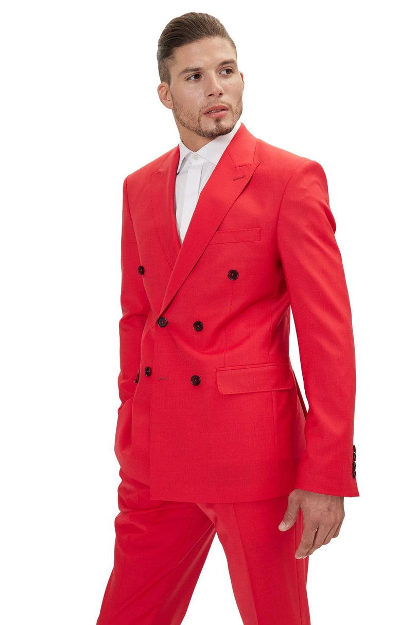 Men's Italian Super 120s Merino Wool Double-Breasted Suit - Valentine Red | Ron Tomson