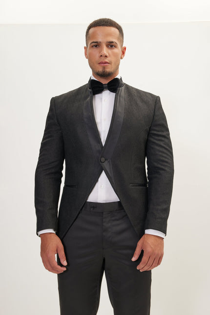Men's Streaked Satin Mandarin Collar Tuxedo -  Black | Ron Tomson