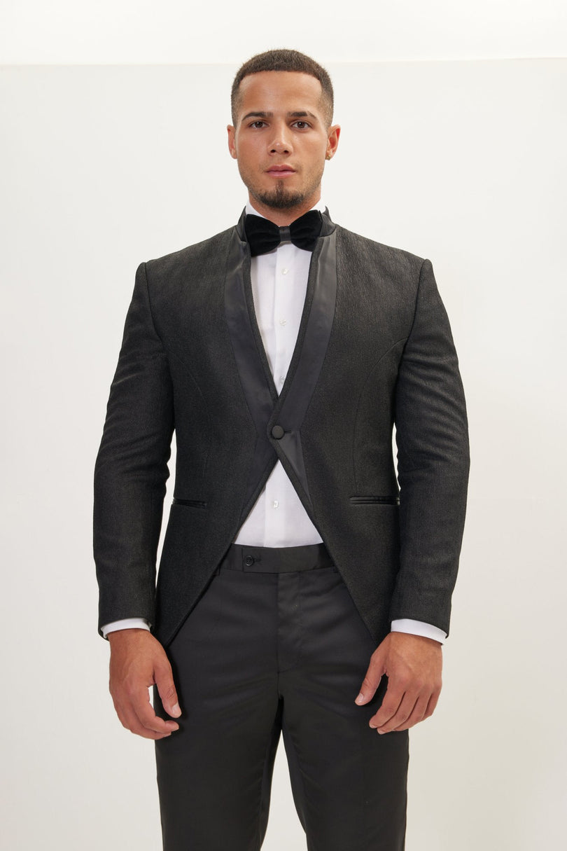Men's Streaked Satin Mandarin Collar Tuxedo -  Black | Ron Tomson