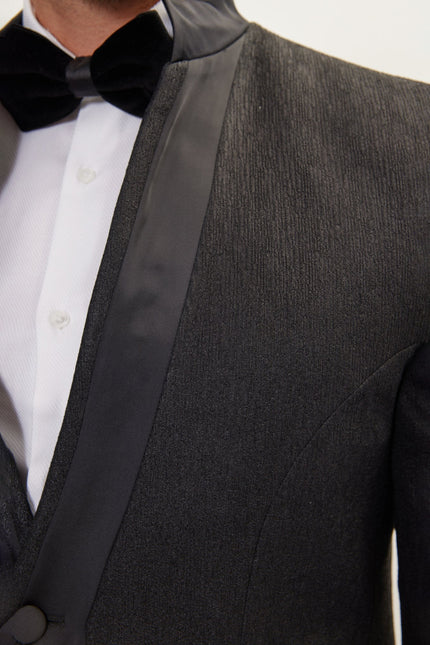 Men's Streaked Satin Mandarin Collar Tuxedo -  Black | Ron Tomson