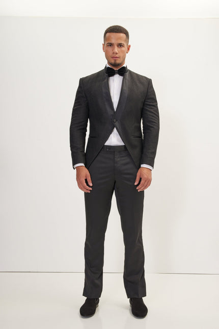 Men's Streaked Satin Mandarin Collar Tuxedo -  Black | Ron Tomson