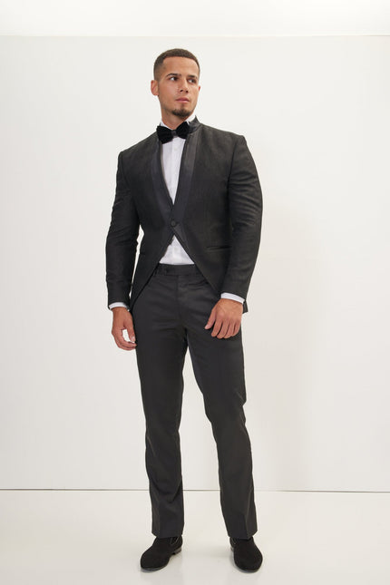 Men's Streaked Satin Mandarin Collar Tuxedo -  Black | Ron Tomson