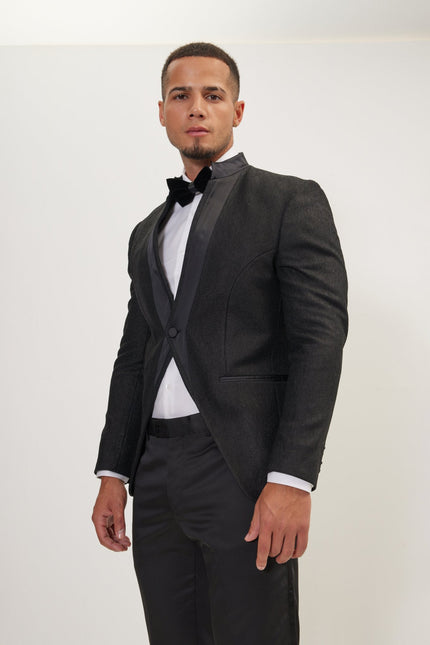 Men's Streaked Satin Mandarin Collar Tuxedo -  Black | Ron Tomson