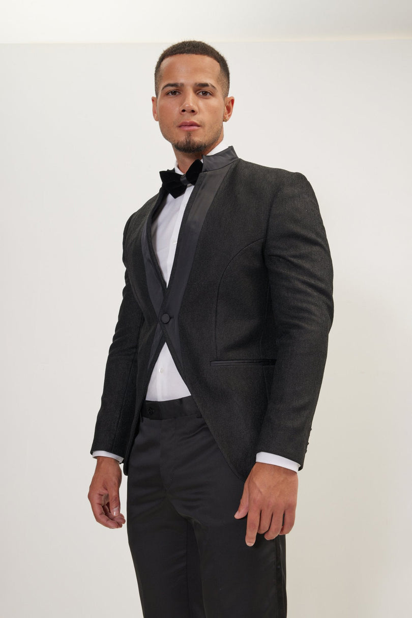 Men's Streaked Satin Mandarin Collar Tuxedo -  Black | Ron Tomson