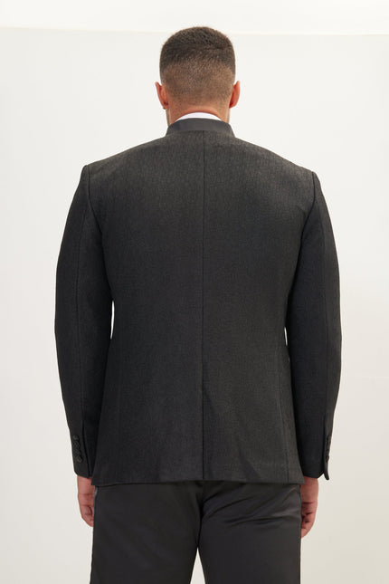 Men's Streaked Satin Mandarin Collar Tuxedo -  Black | Ron Tomson