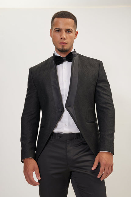 Men's Streaked Satin Mandarin Collar Tuxedo -  Black | Ron Tomson