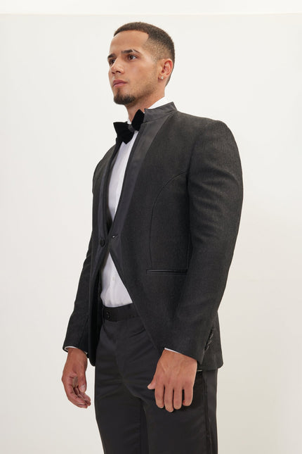 Men's Streaked Satin Mandarin Collar Tuxedo -  Black | Ron Tomson