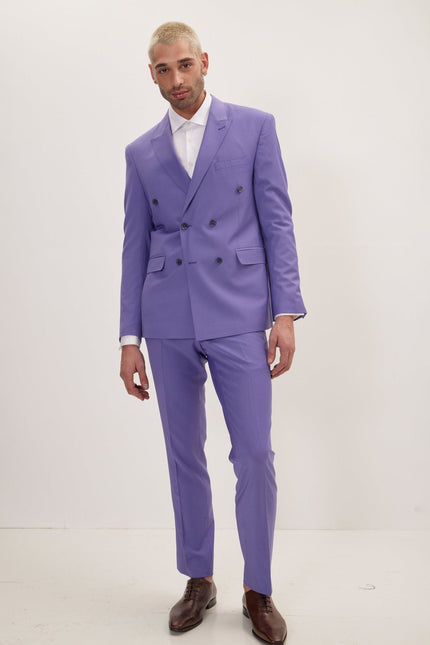 Men's Italian Super 120s Merino Wool Double-Breasted Suit - Violet | Ron Tomson