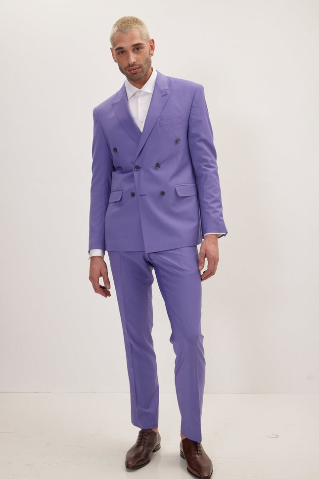 Men's Italian Super 120s Merino Wool Double-Breasted Suit - Violet | Ron Tomson