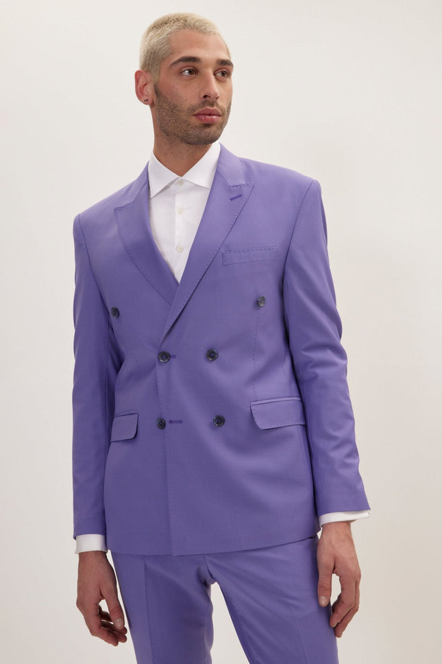 Men's Italian Super 120s Merino Wool Double-Breasted Suit - Violet | Ron Tomson