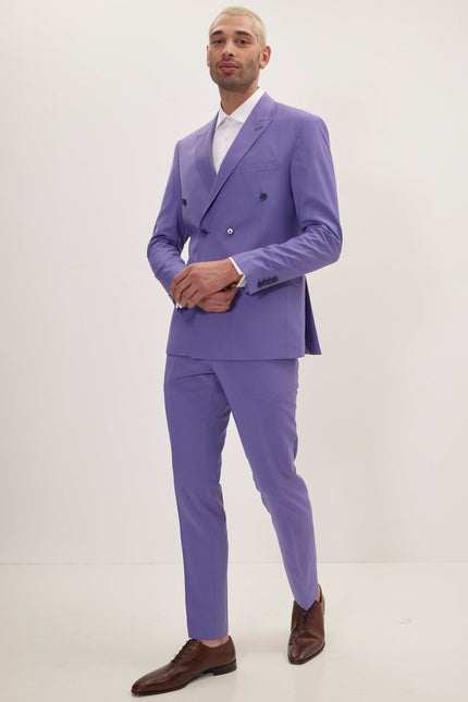 Men's Italian Super 120s Merino Wool Double-Breasted Suit - Violet | Ron Tomson