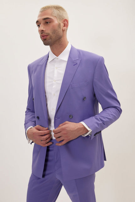 Men's Italian Super 120s Merino Wool Double-Breasted Suit - Violet | Ron Tomson