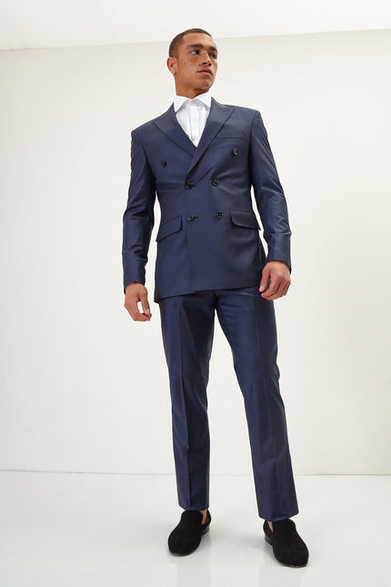 Men's Italian Super 120s Merino Wool Double-Breasted Suit - Navy | Ron Tomson