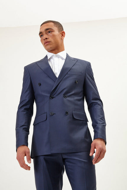 Men's Italian Super 120s Merino Wool Double-Breasted Suit - Navy | Ron Tomson