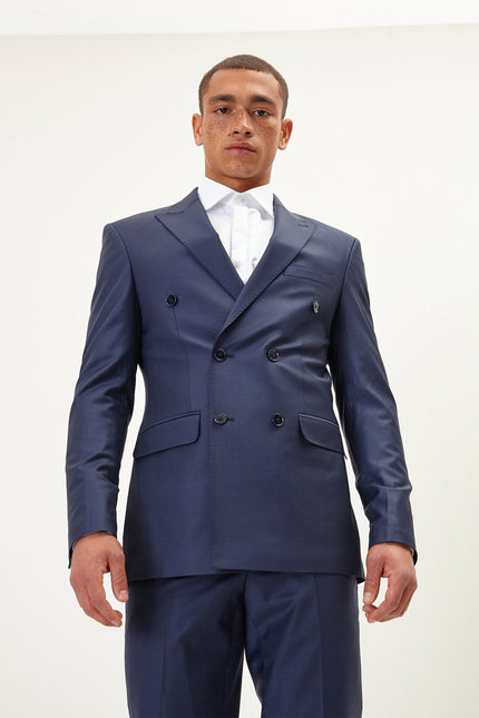 Men's Italian Super 120s Merino Wool Double-Breasted Suit - Navy | Ron Tomson