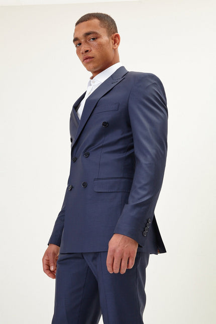 Men's Italian Super 120s Merino Wool Double-Breasted Suit - Navy | Ron Tomson