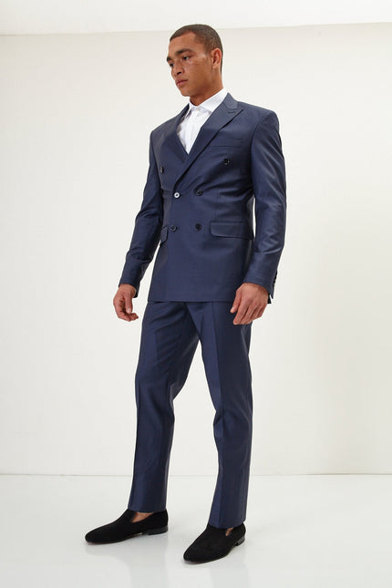Men's Italian Super 120s Merino Wool Double-Breasted Suit - Navy | Ron Tomson