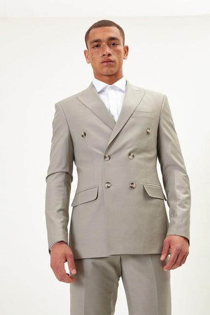 Men's Italian Super 120s Merino Wool Double-Breasted Suit - Fennel Seed Green | Ron Tomson