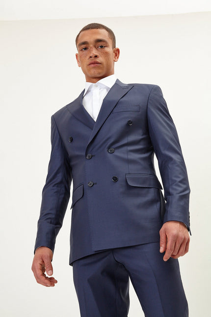 Men's Italian Super 120s Merino Wool Double-Breasted Suit - Navy | Ron Tomson