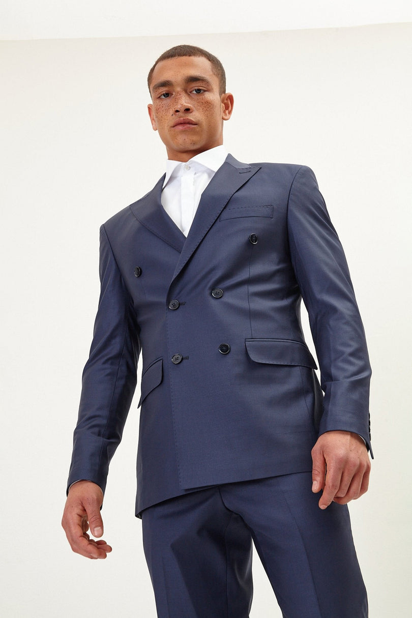 Men's Italian Super 120s Merino Wool Double-Breasted Suit - Navy | Ron Tomson