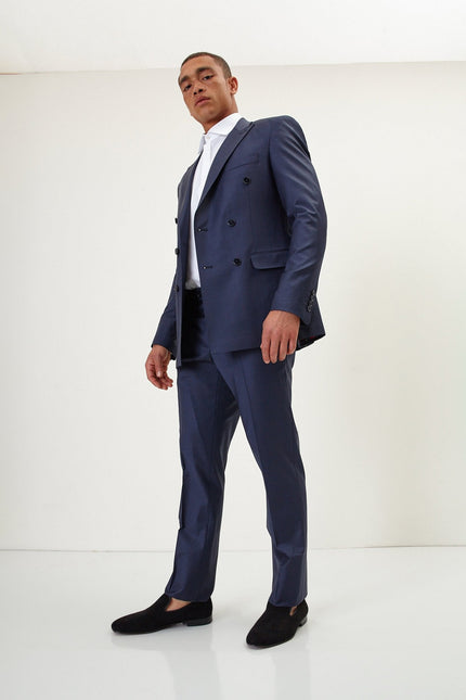 Men's Italian Super 120s Merino Wool Double-Breasted Suit - Navy | Ron Tomson