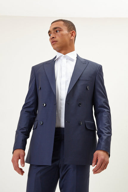 Men's Italian Super 120s Merino Wool Double-Breasted Suit - Navy | Ron Tomson