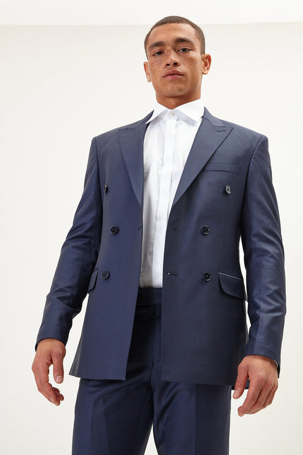 Men's Italian Super 120s Merino Wool Double-Breasted Suit - Navy | Ron Tomson