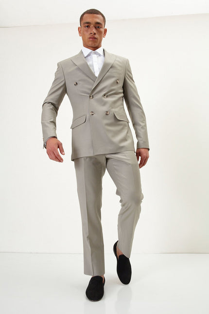 Men's Italian Super 120s Merino Wool Double-Breasted Suit - Fennel Seed Green | Ron Tomson