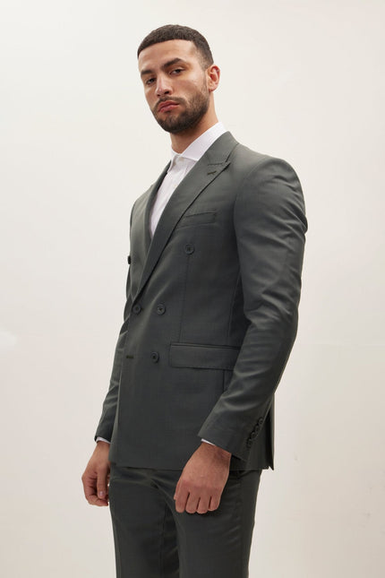 Men's Super 180s Wool and Silk Double-Breasted Suit - Dark Green | Ron Tomson