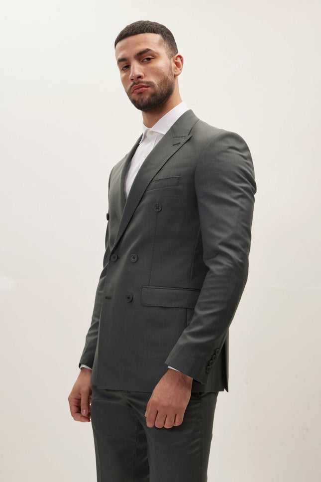 Men's Super 180s Wool and Silk Double-Breasted Suit - Dark Green | Ron Tomson