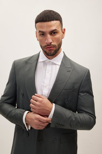 Men's Super 180s Wool and Silk Double-Breasted Suit - Dark Green | Ron Tomson