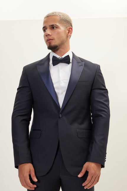 Men's Super 180s Wool & Silk Single-Breasted Tuxedo Suit - Navy | Ron Tomson