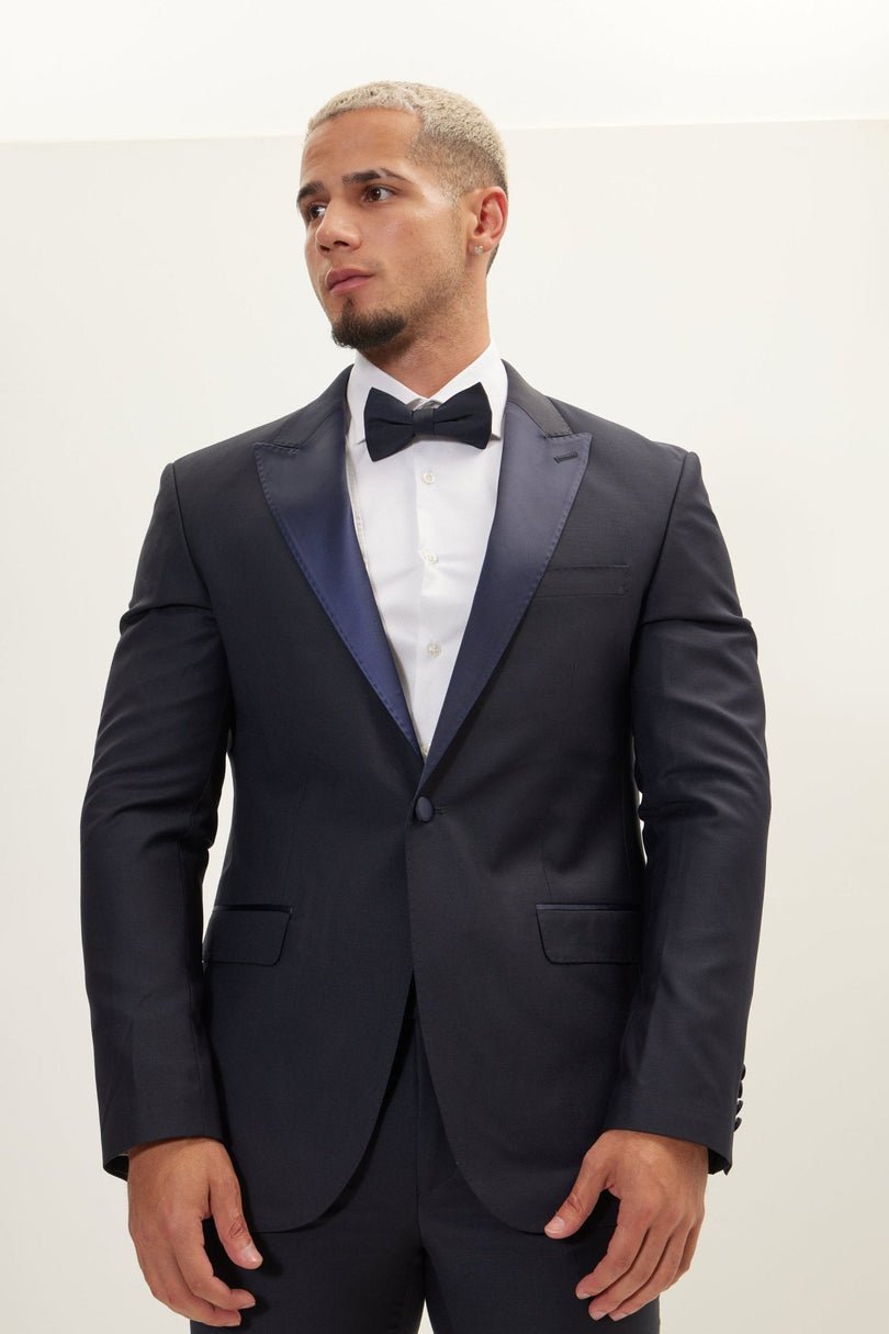 Men's Super 180s Wool & Silk Single-Breasted Tuxedo Suit - Navy | Ron Tomson
