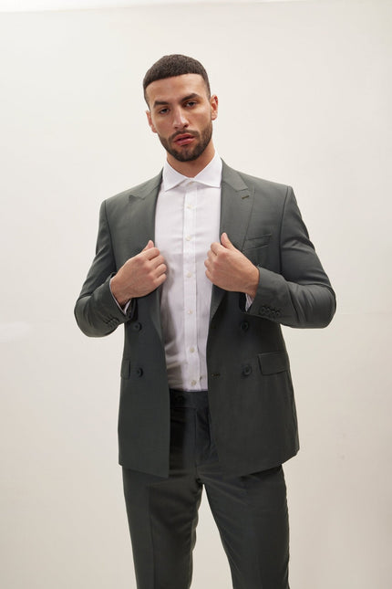 Men's Super 180s Wool and Silk Double-Breasted Suit - Dark Green | Ron Tomson
