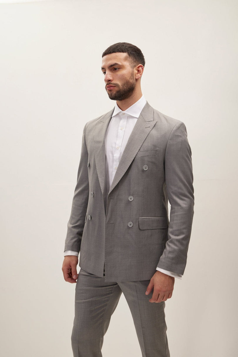 Men's Super 180s Wool and Silk Double-Breasted Suit - Grey | Ron Tomson