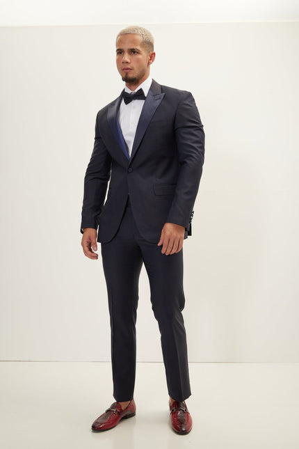 Men's Super 180s Wool & Silk Single-Breasted Tuxedo Suit - Navy | Ron Tomson
