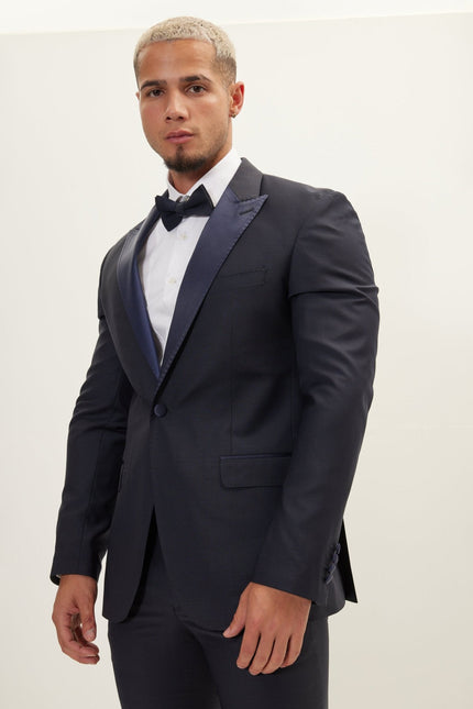 Men's Super 180s Wool & Silk Single-Breasted Tuxedo Suit - Navy | Ron Tomson
