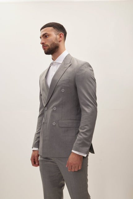 Men's Super 180s Wool and Silk Double-Breasted Suit - Grey | Ron Tomson