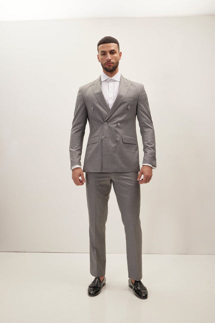 Men's Super 180s Wool and Silk Double-Breasted Suit - Grey | Ron Tomson