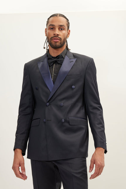 Men's Double-Breasted Wool and Silk Tuxedo Suit - Navy | Ron Tomson