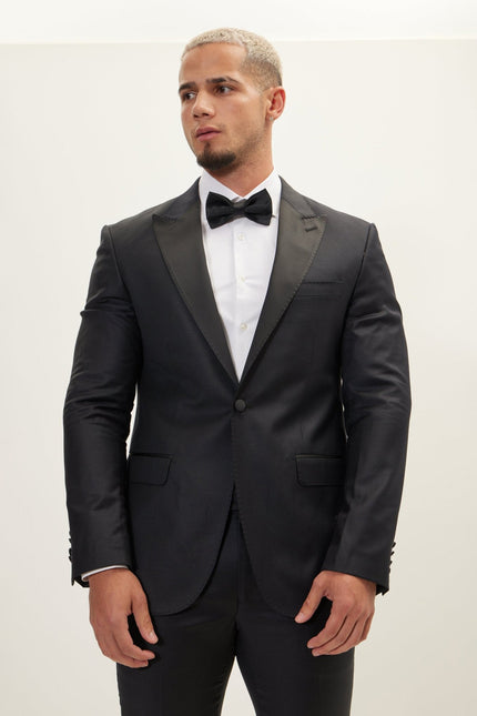 Men's Super 180s Wool & Silk Single-Breasted Tuxedo Suit - Black | Ron Tomson