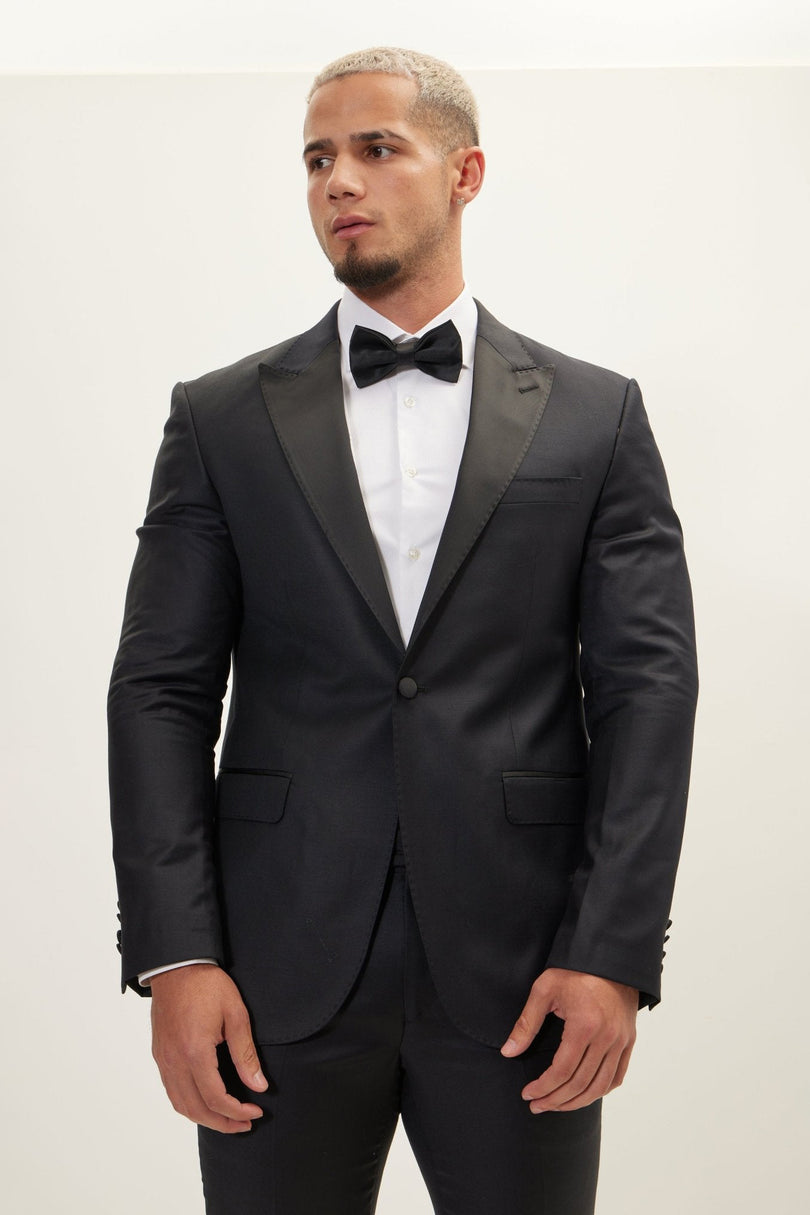 Men's Super 180s Wool & Silk Single-Breasted Tuxedo Suit - Black | Ron Tomson