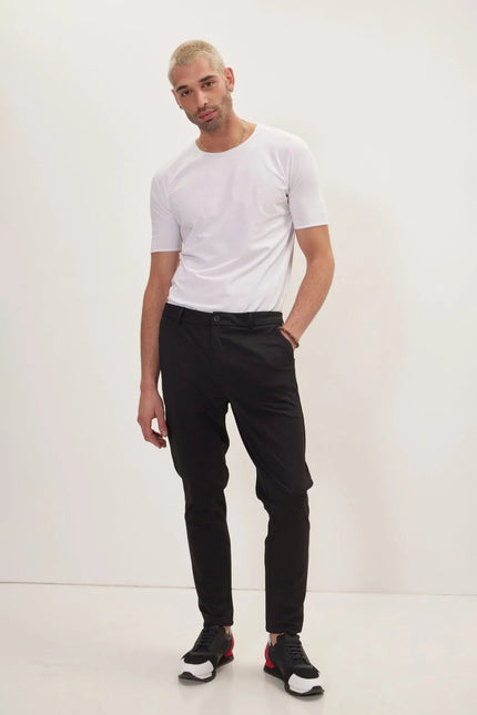 Men's Tapered Drawstring Casual Pants - Black | Ron Tomson